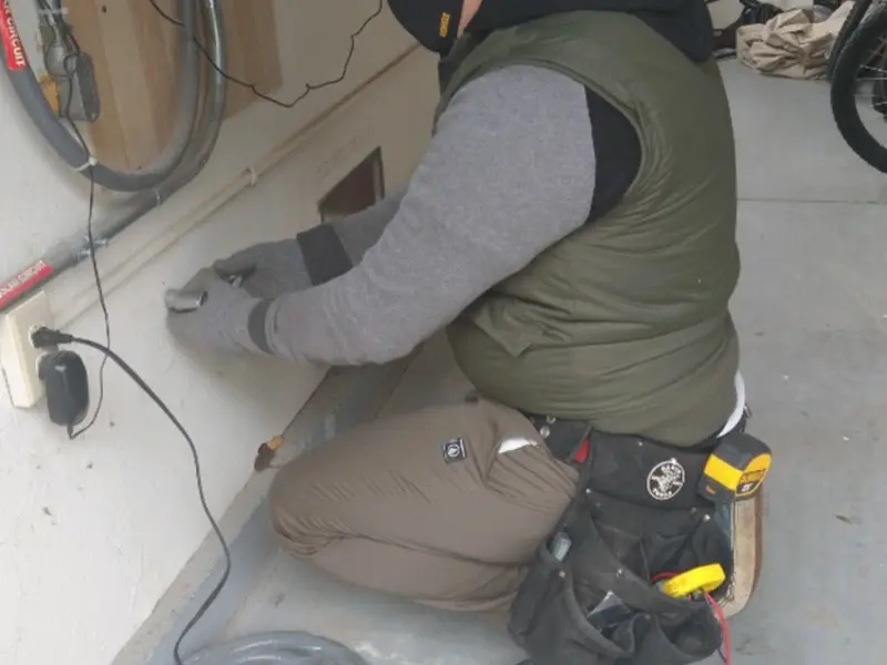 Electrician performing outlet wiring in a Southport garage